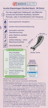 Czarne wkładki Facelle String & Slip, 28 szt., widok opakowania i wkładki z wymiarami, chłonnej i cienkiej.