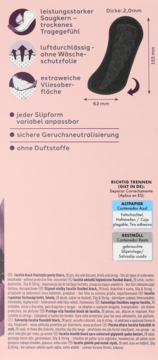 Czarne wkładki higieniczne Facelle Black String & Slip, 2mm grubości, widok na produkt i cechy.