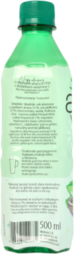 Tył zielonej butelki z napojem aloesowym i sokiem jabłkowym 500 ml, z etykietą i kodem kreskowym.