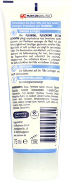 Tył białej tubki kremu do stóp FUSSWOHL ULTRA SENSITIV 75ml, z niebieską nakrętką, szczegółowy skład i instrukcje.