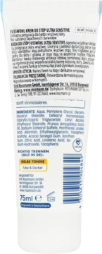 Tylna etykieta kremu do stóp Fusswohl Ultra Sensitive, biała tubka 75ml, lista składników i recykling.