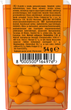 Tylna strona pomarańczowego opakowania Tic Tac z etykietą i tekstem, wypełnionego pomarańczowymi pastylkami.
