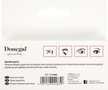 Tył opakowania sztucznych rzęs Donegal, z instrukcją użycia, kodem kreskowym i nazwą producenta.