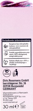 Tył opakowania Isana Serum Rozświetlające Butterfly: wegańskie, bez mikroplastiku, produkcja z zielonej energii.