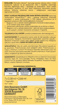 Tył żółto-białego opakowania kapsułek ISANA Retinol Booster, z polskim opisem składników, użycia i kodem kreskowym.