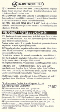 Skan instrukcji użycia henny do rzęs i brwi ISANA LASH COLOR z listą składników i ostrzeżeniami.
