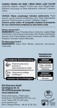 Czarna henna Isana Lash Color, tył opakowania z pełną listą składników i instrukcjami segregacji odpadów.
