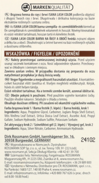 Tył opakowania brązowej henny do rzęs i brwi ISANA LASH COLOR z tekstem, składem i danymi dystrybutora.