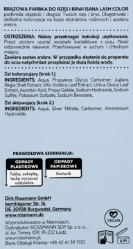 ISANA Lash Color brązowa farbka do rzęs, tył opakowania ze składnikami i ostrzeżeniami. Logo Vegan.