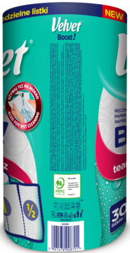 Tył turkusowego opakowania ręcznika papierowego Velvet Boost! z informacją o 300 półlistkach i użyciu na mokro.