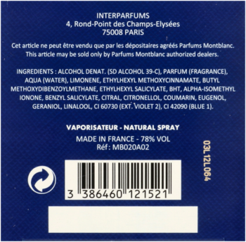 Tył ciemnoniebieskiego opakowania wody perfumowanej Mont Blanc Explorer Ultra Blue, z listą składników i kodem kreskowym.