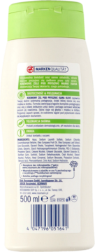 Tył białej butelki kremowego żelu pod prysznic ISANA Olive 500ml z zieloną nakrętką, widoczny tekst i kod EAN.