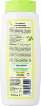 Kremowy żel pod prysznic ISANA Olive, biała butelka z zieloną nakrętką, tył opakowania ze składnikami i polskim tekstem.