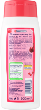 Tył białej butelki Isana Yoghurt & Fruit kremowy żel pod prysznic, różowa etykieta z polskim opisem, składem i wiśniami.