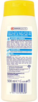 Tył białej butelki kremowego żelu pod prysznic Isana Coconut Water, etykieta ze składem.