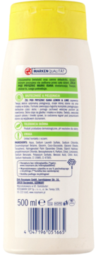 Biała butelka żelu Isana Lemon & Lime 500ml, widok z tyłu z pełną etykietą, składnikami i kodem kreskowym.