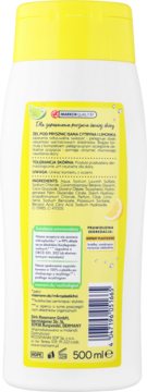 Tył żelu pod prysznic Isana Lemon&Lime w białej butelce 500ml, widoczne składniki i opis po polsku.