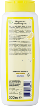 Tył opakowania żelu pod prysznic Isana Cytryna i Limonka 500ml. Biało-żółta butelka z opisem, składem i kodem kreskowym.