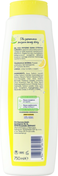 Isana Lemon & Lime żel pod prysznic, tył opakowania z żółtą etykietą, listą składników i kodem EAN.