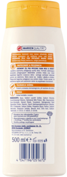 Tył białej butelki ISANA Milk & Honey, kremowego żelu pod prysznic 500ml, z listą składników.
