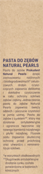 Szczegółowy opis pasty do zębów Natural Pearls z cynkiem i fluorkiem, ciemny tekst na beżowym tle.
