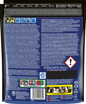 Tył ciemnego opakowania kapsułek do zmywarki z tekstem, ikonami, kodem kreskowym i ostrzeżeniem.