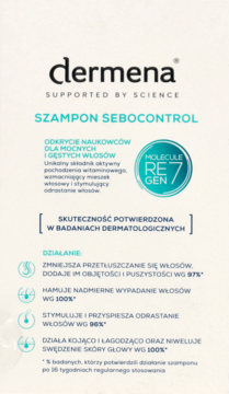 Białe opakowanie szamponu dermena SEBOCONTROL do włosów przetłuszczających się i wypadających, widok z przodu.