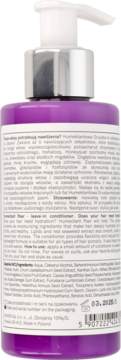 Tył fioletowej butelki odżywki Humectant Pear z białą pompką. Widoczna etykieta z opisem i składem po polsku i angielsku.