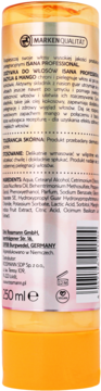 Tył żółtej butelki odżywki ISANA Professional Mango & Bazylia 250ml z etykietą, widocznym składem i opisem.