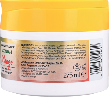 Tył białego opakowania maski Isana Professional Bazylia&Mango 275ml z żółtą zakrętką i listą składników.