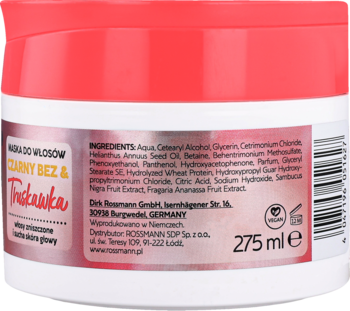 Tył białego słoika maski do włosów Isana Professional Czarny Bez & Truskawka, widoczna etykieta ze składem, 275ml.