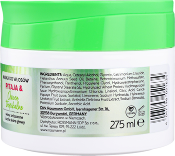 Tył maski do włosów ISANA PROFESSIONAL Pitaja & owoce tropikalne 275ml, biało-zielony słoik z listą składników.