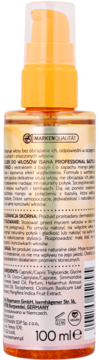 Tył butelki olejku ISANA PROFESSIONAL bazylia i mango 100ml z pompką, widoczne etykiety z opisem i składem.