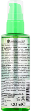 Tył zielonej butelki olejku Isana Professional Pitaja z pompką, etykieta z opisem i składem produktu.