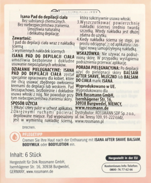 Tył pudełka Isana Pad do depilacji ciała, biało-różowe, z opisem naturalnej, delikatnej depilacji bez chemii.