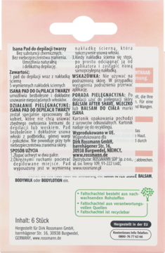 Tył opakowania Isana Pad do depilacji twarzy, biało-różowe, z pełnymi instrukcjami użycia i opisem produktu.