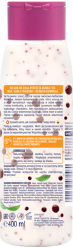 Balsam do ciała Perfect Bubble Tea 400ml, tył opakowania z polskim opisem, imbirem, cynamonem i kulkami.