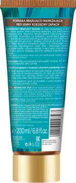 Tył opakowania balsamu brązującego Bielenda Bronzing Coco 200ml, turkusowa etykieta z opisem.