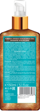 Bielenda Rozświetlający Eliksir do Ciała, tył złotej butelki 150ml z pompą, etykieta z opisem kokosowym.