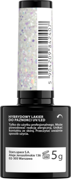 Czarny lakier hybrydowy UV/LED 5g, biały z brokatem, widok z przodu, z kodem kreskowym.
