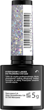 Srebrny lakier hybrydowy UV/LED z multikolorowym brokatem; tył butelki z etykietą i kodem kreskowym.