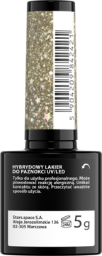 Stars.space złoty lakier hybrydowy UV/LED z brokatem i holograficznymi gwiazdkami, czarna butelka, widok z przodu.