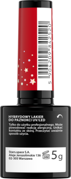 Czarny hybrydowy lakier do paznokci UV/LED Stars.space 5g z czerwoną nakrętką w gwiazdki, widok frontalny.