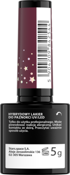 Bordowy lakier hybrydowy Stars.space 5g, butelka z czarnym korpusem i brokatową nakrętką w gwiazdki.