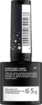 Czarny lakier hybrydowy UV/LED 5g, z brokatowymi gwiazdkami na nakrętce, widok z tyłu z kodem kreskowym.