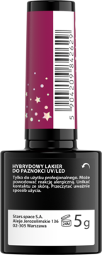 Stars.space hybrydowy lakier UV/LED, czarna butelka z różowo-brokatowym korkiem, widok z przodu, 5g.