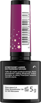 Ciemnoróżowy lakier hybrydowy Stars.space 5g UV/LED w czarnej butelce, widok z przodu. Fioletowa nakrętka w gwiazdki.