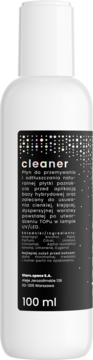 Biała butelka Cleanera 100 ml, płynu do odtłuszczania paznokci, z czarną etykietą i kolorowym logo.