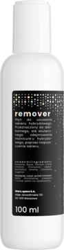 Biała butelka płynu 'remover' do usuwania lakieru hybrydowego, 100 ml, z czarną etykietą i białym korkiem, widok z przodu.