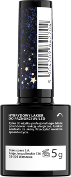 Czarna butelka lakieru hybrydowego UV/LED Stars.space, widok z tyłu z brokatową nakrętką w gwiazdki.